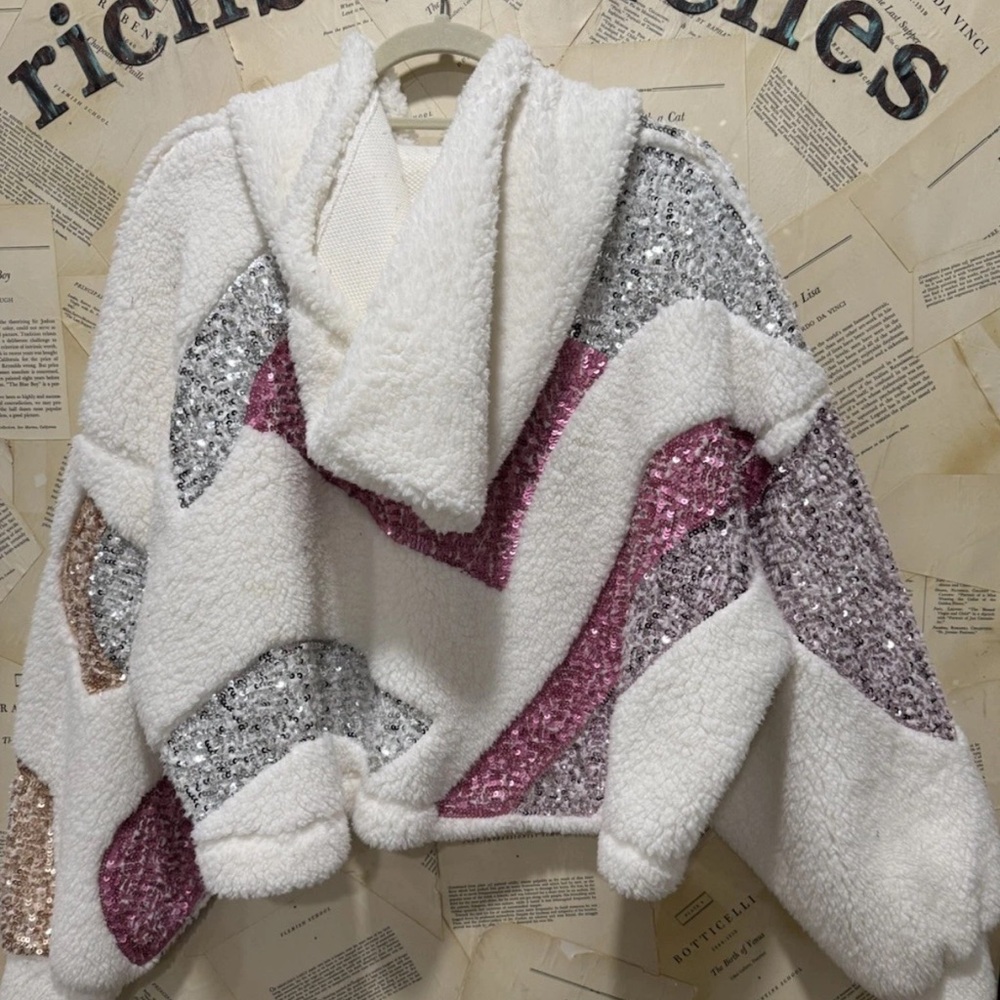 Free People Patchwork Sequin Sweatshirt Hooded Fu… - image 6